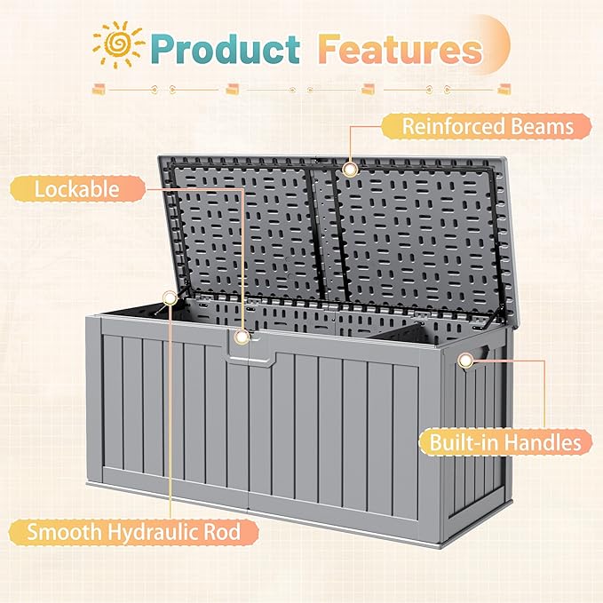 Patiowell 240 Gallon Large Outdoor Storage Box, Waterproof Deck Box with Fixed Divider, Lockable and Durable Patio Storage Solution for Patio Furniture and Garden Tools (Grey) - Image 4