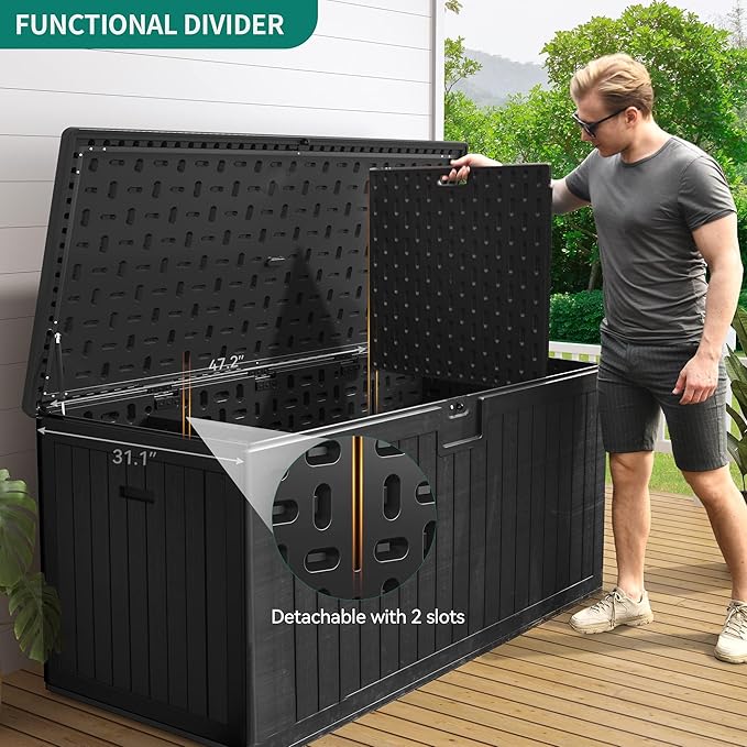 YITAHOME XXL 230 Gallon Large Deck Box,Outdoor Storage for Patio Furniture Cushions,Garden Tools with Flexible Divider,Waterproof,Lockable (Black) - Image 4