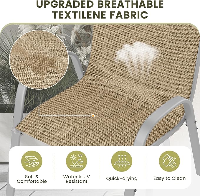 UDPATIO Patio Chairs Set of 4, Stackable Silver Outdoor Dining Chairs with High Back, Breathable Outdoor Chair Textilene Fabric All Weather, 350LBS Capacity for Garden, Backyard (Beige) - Image 4