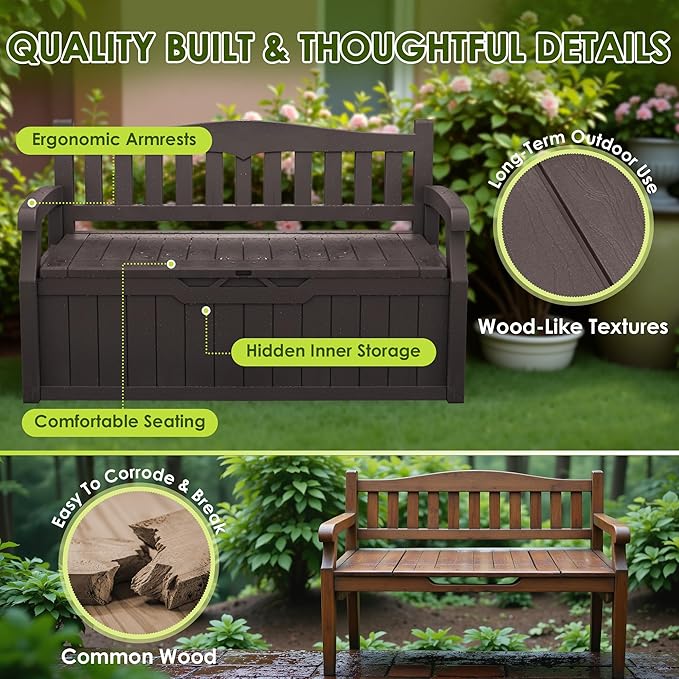 Greesum 80 Gallon Outdoor Storage Bench, Resin Patio Furniture with Armrest,Waterproof and UV-Resistant, Perfect to Garden, Poolside and Lawn, Dark Brown - Image 5