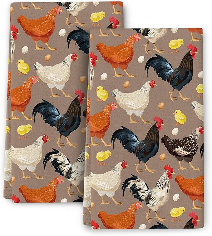 Rooster Chicken Dish Towels Set of 2, Absorbent Vintage Decorative Kitchen by Wovoto