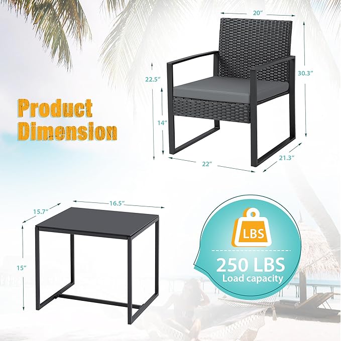 Flamaker 3 Pieces Patio Set Outdoor Wicker Furniture Modern Bistro Rattan Chair Conversation Sets with Coffee Table for Yard (Grey) - Image 6