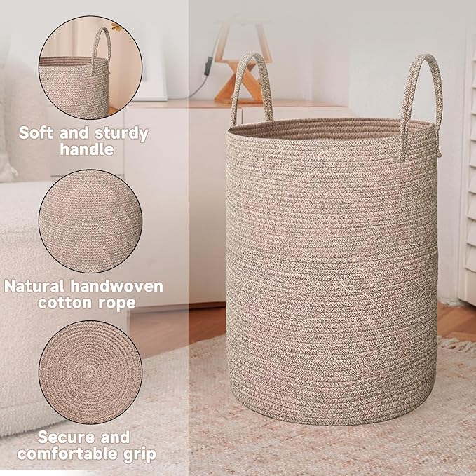 Large Woven Laundry Basket Hamper, 60L Cotton Rope Storage Bin - Image 6