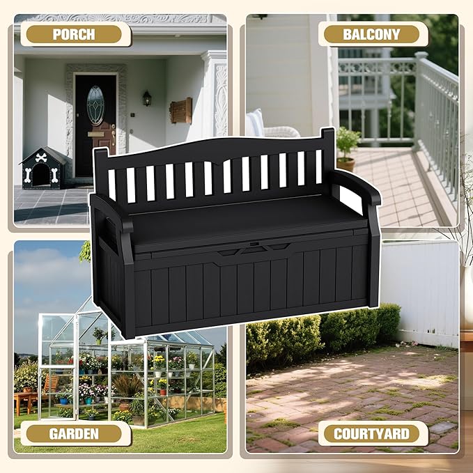 80-Gallon Outdoor Storage Bench with Cushion, Lockable Waterproof Deck Box with Armrests for Patio, Garden, Pool, Black - Image 5