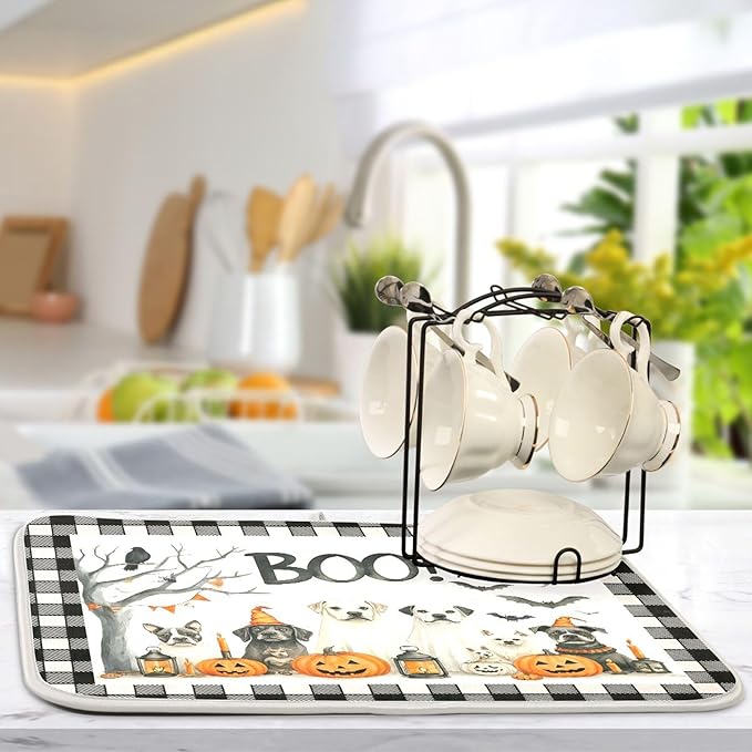 Halloween Dogs Dish Drying Mat for Kitchen Countertop 16x18 Raven Bat Pumpkin - Image 5