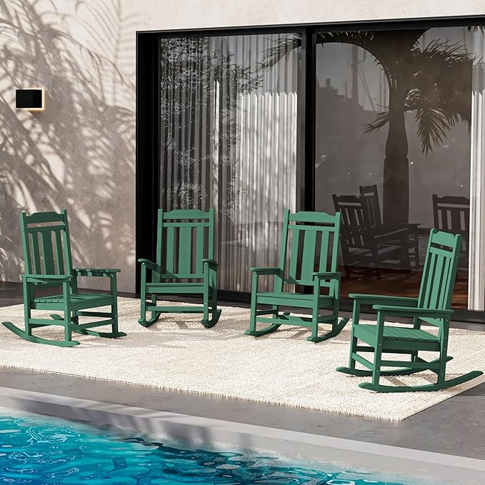 SERWALL Outdoor Rocking Chair Set of 4, Patio Rocking Chairs Set, HDPE Rocking Chair Outdoor for Adults, Heavy Duty Front Porch Rocker, Green by SERWALL