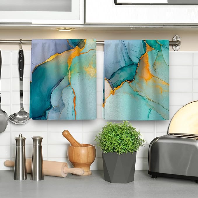 Teal Gold Kitchen Towel Set of 4 Soft Absorbent Marble Texture Turquoise - Image 5