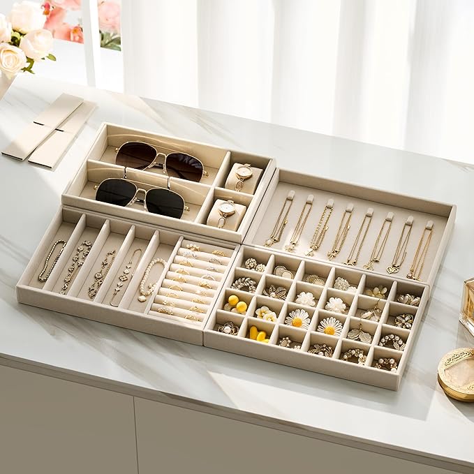 Velvet Jewelry Drawer Organizer Trays – Large Beige Stackable Jewelry Storage - Image 5