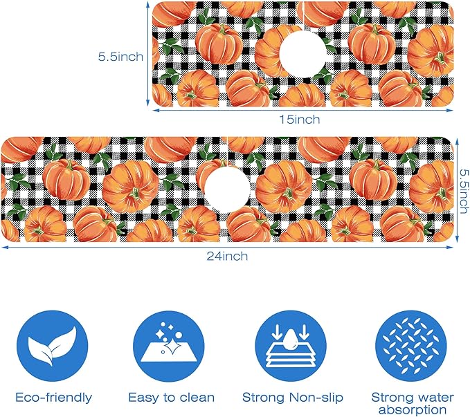 Thanksgiving Pumpkin Kitchen Sink Splash Guard Mat Buffalo Plaid Absorbent Fast - Image 3