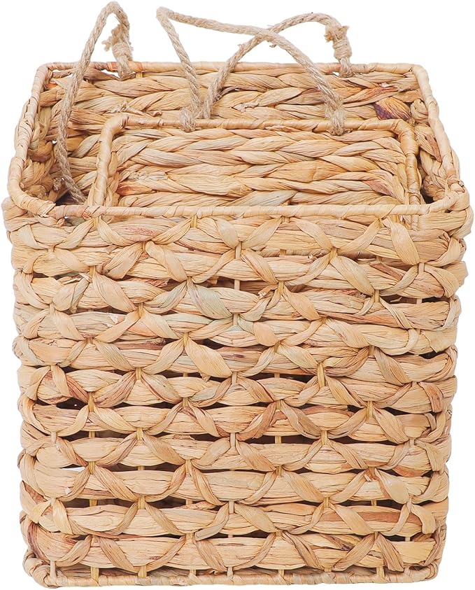 2-Tier Wall Hanging Wicker Water Hyacinth storage baskets Set, Woven Rustic - Image 2