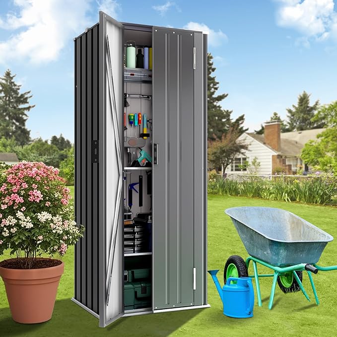 Greesum Outdoor Metal Storage Cabinet, 69'' Lockable Tall Shed, Vertical Tool Organizer with 2 Adjustable Shelves, for Garage, Patio, Backyard, Home & Lawn, Black - Image 5