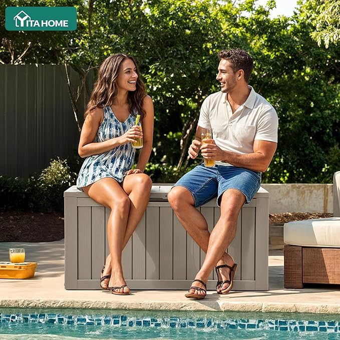 YITAHOME 72 Gallon Outdoor Resin Deck Box with Wheels, Pool Storage Box for Outdoor Cushions, Sports Equipment, Garden Tools, Light Brown - Image 3