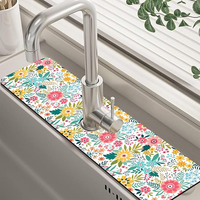 Colorful Floral Leaves Berries Kitchen Sink Splash Guard Mat Absorbent Fast by Unknown