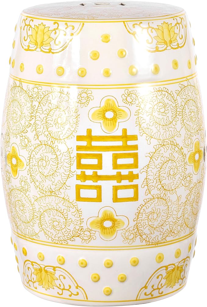 JONATHAN Y TBL1013B Double Happiness 18" Chinoiserie Ceramic Drum Indoor/Outdoor Garden Stool Bohemian, Coastal, Classic, Cottage,Traditional, Patio, Garden, Bathroom, Living Room, Yellow/White by JONATHANY
