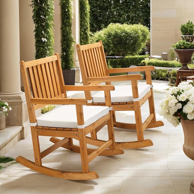 VINGLI Outdoor Rocking Chair, Weatherproof Rocker with Cushion, Wooden Rocking Bench Support 550 LBS for Patio, Yard, Garden, Outdoor or Indoors, Teak - Image 7