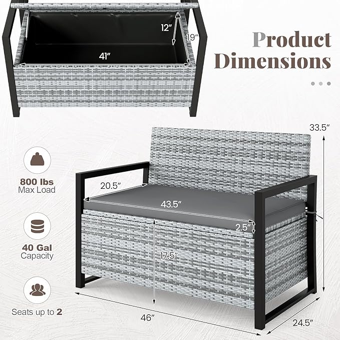 RELAX4LIFE Wicker Outdoor Bench with Storage - Rattan Deck Box w/Protective Liner for Pillows, Pool Supplies, Garden Tools, Patio Loveseat with Seat Cushion & Metal Armrests for Backyard Porch Balcony - Image 3