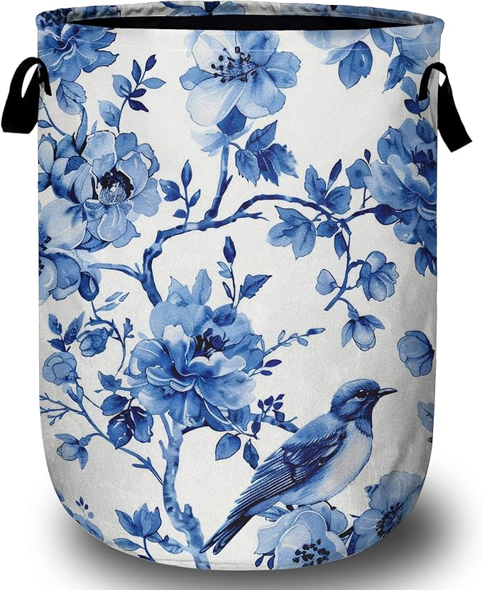 Blue Flower Bird Laundry Basket, Foldable Waterproof Laundry Hamper Tote Bag by Unknown