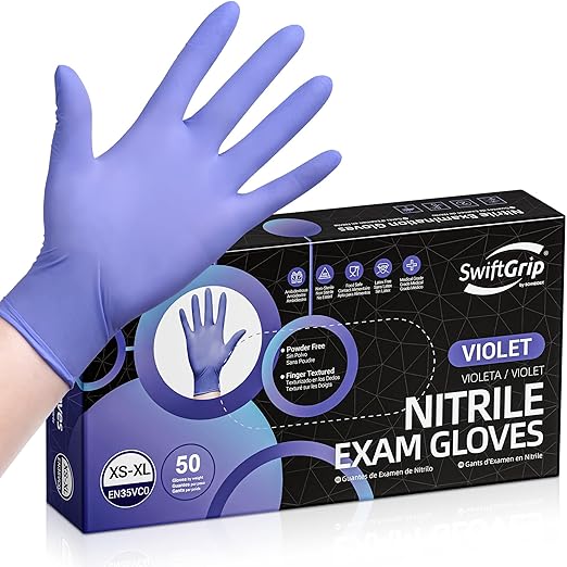 Disposable Nitrile Exam Gloves, Box of 50, Violet Nitrile Gloves Disposable by SwiftGrip