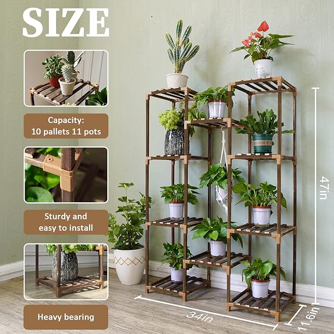 Uneedem Plant Stand Indoor Outdoor, Tall Plant Shelf for Multiple Plants, 10 tiers 11 Pot Large Plants Holder Rack Wood Plant Shelves for Room Corner Balcony Garden Patio - Image 3