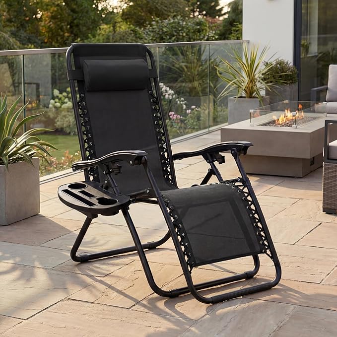 Best Choice Products Set of 2 Adjustable Steel Mesh Zero Gravity Lounge Chair Recliners w/Pillows and Cup Holder Trays - Black - Image 2