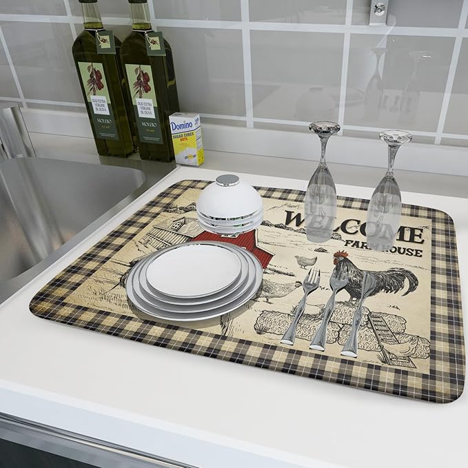 Farmhouse Rooster Dish Drying Mat 18x24 Inch Country Chicken Absorbent Dish - Image 6