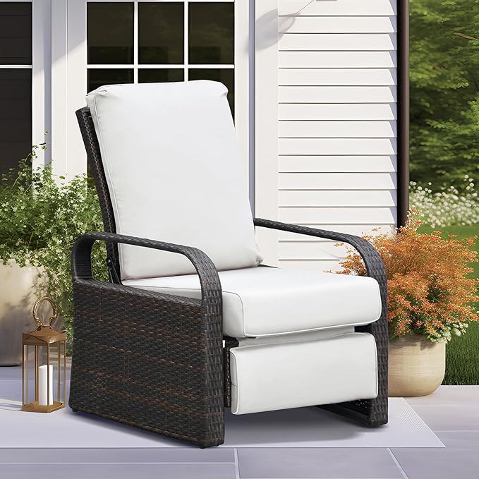 ART TO REAL Outdoor Recliner, Automatic Adjustable Wicker Lounge Recliner Chair with 5.12'' Thicken Cushion, All Weather Aluminum Frame, Brown Wicker + Beige Cushion by ATRARTTOREAL