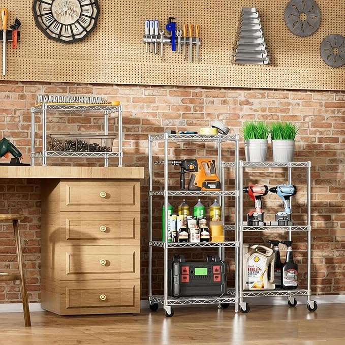 Xcity Storage Shelves, 2 Tier Heavy Duty Metal Shelving Unit with Wheels, 700 LBS Capacity Adjustable Steel Wire Shelf Organizer for Pantry, Kitchen, Garage, 14" D x 24" W x 20" H, Chrome - Image 6