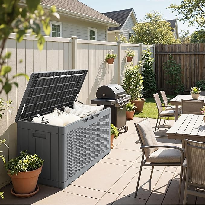 Greesum 100 Gallon Resin Deck Box Large Outdoor Storage Boxes with Cushions for Garden Tools, Patio Furniture Pillows, Pool Supplies, Gray - Image 3