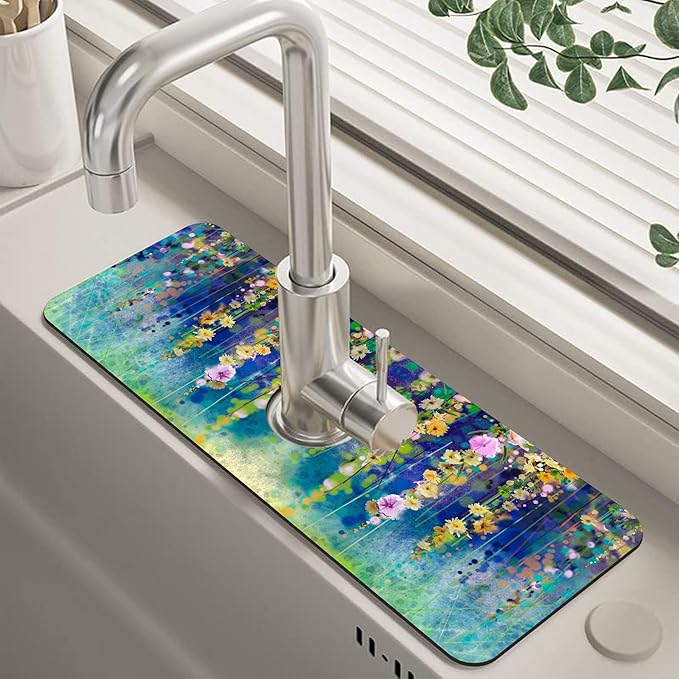 Abstract Watercolor Floral Kitchen Sink Splash Guard Mat Absorbent Fast Drying by Unknown