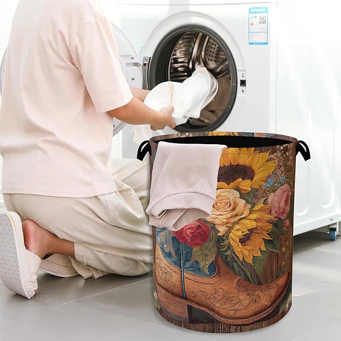 Cowboy Boots Laundry Basket, Wooden Sunflowers Foldable Oxford Cloth Tote Bag - Image 7