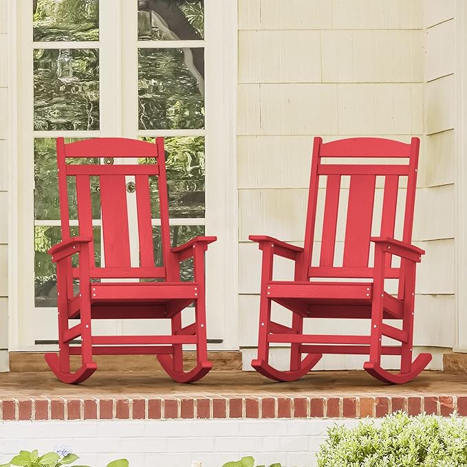 LUE BONA Outdoor Rocking Chairs Set of 4, HDPS Porch Rocker with High Back, Plastic Weather Resistant Rocking Chairs for Outdoor Indoor, Garden, Backyard, 350lb, Bright Red - Image 7