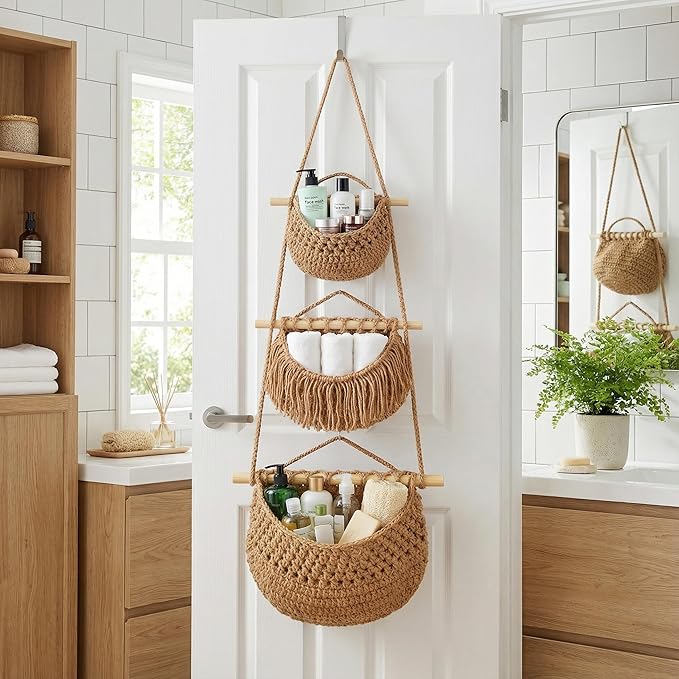 3 Tier Hanging Fruit Basket, Jute Wall Baskets Removable, Portable Produce - Image 7
