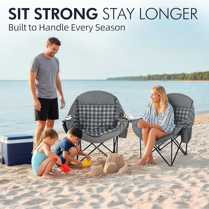 Oversized Camping Chair for Adults - Heavy Duty Outdoor Padded Large Lawn Camp Chair with Cup Holder Cooler Pockets for Sports Beach Fishing Garden Portable Supports 500lbs, Grey 2 Pack - Image 6