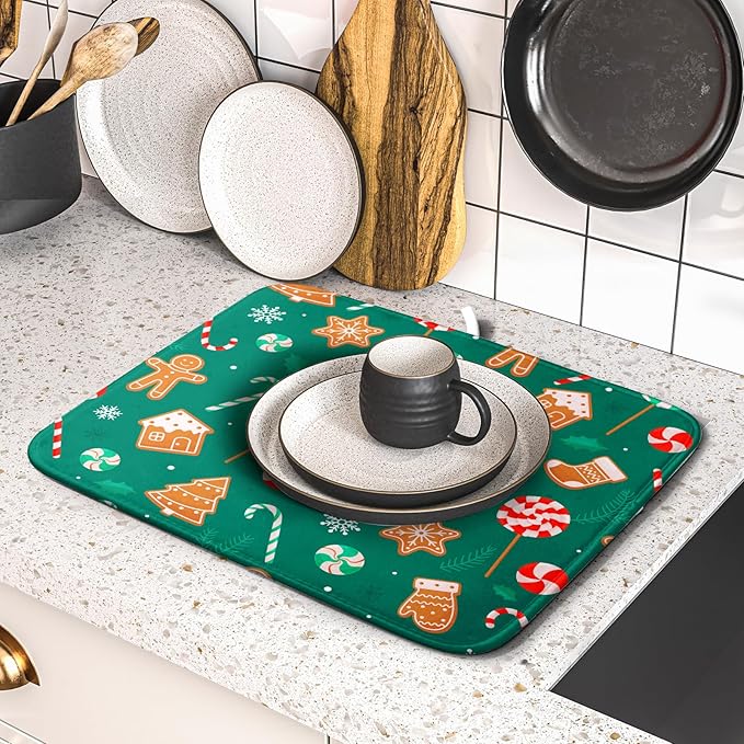 Gingerbread Dish Drying Mat for Kitchen Counter Holiday Green Super Absorbent - Image 5