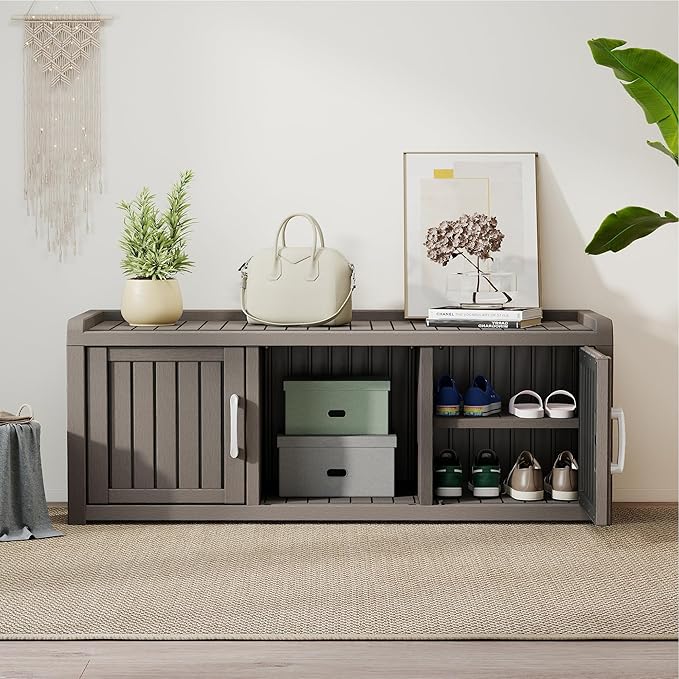 2-Tier Storage Bench, Waterproof UV-Resistant Outdoor Shoe Storage Cabinet with 2 Doors & Adjustable Shelves for Indoor Outdoor Entryway, Hallway, Living Room(Grey) - Image 7