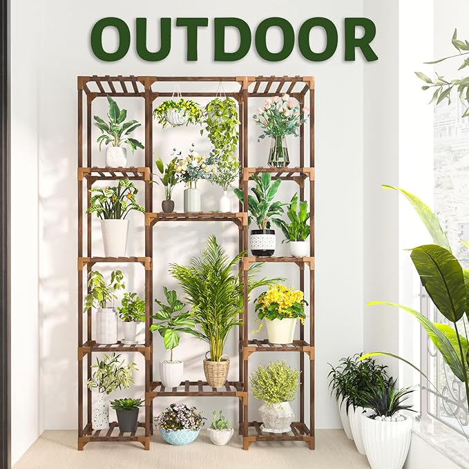 Uneedem Tall Indoor Outdoor Plant Stand - Large 12 Tier Plant Rack with Wooden Shelves for Room, Balcony, Garden, Patio - Image 6