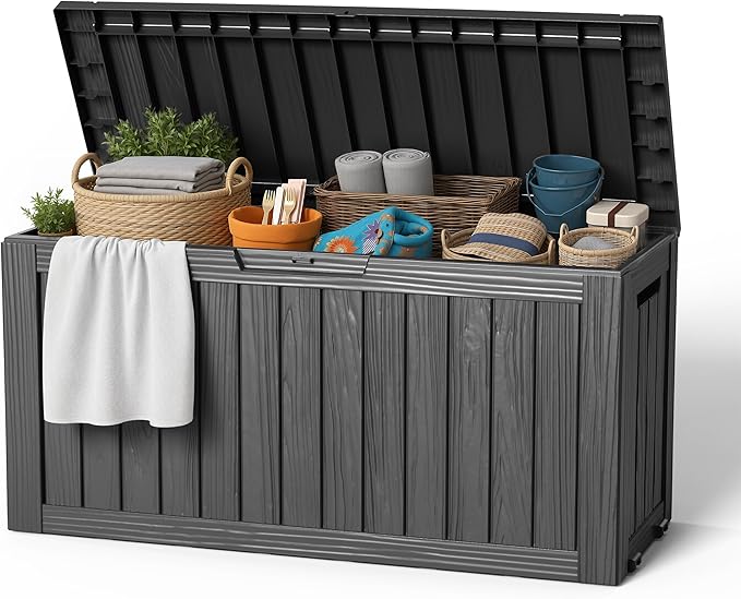 EasyUp 85 Gallon Outdoor Storage Box, Resin Waterproof UV-Resistant Deck Box, Reinforced Stability for Patio, Garden, and Poolside, Striped Black by EASYUP