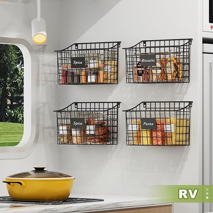 Wall Basket with Label Plate & 5 S-Hooks –4 Pack Hanging Wire Basket - Image 9