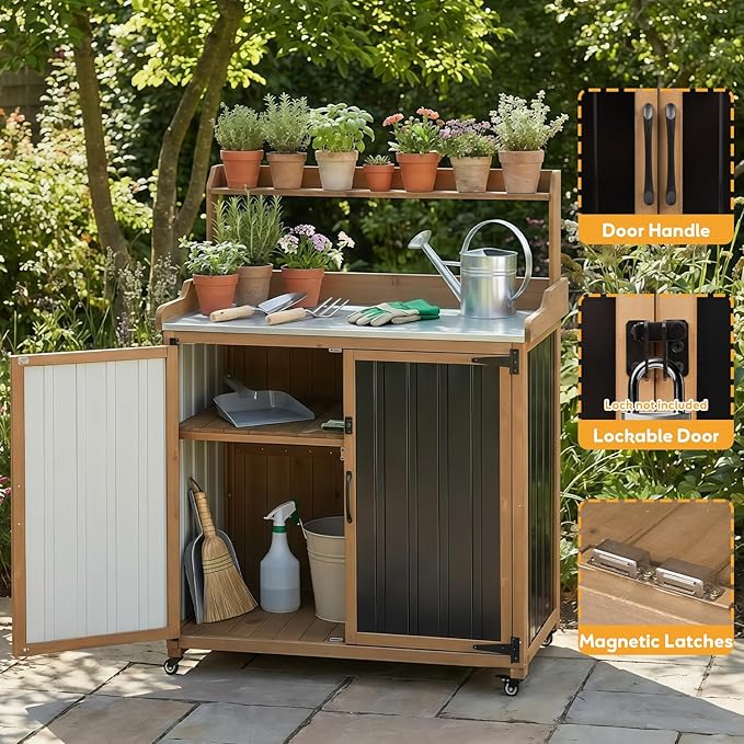 Potting Bench Table & Outdoor Storage Cabinet with Lockable Wheels, Adjustable Shelves, Mobile Waterproof Metal Top Workstation for Garden Patio BBQ Organization, Magnetic Latch & Edge Guard - Image 7
