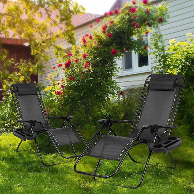 Nazhura Set of 2 Relaxing Recliners Patio Chairs Adjustable Steel Mesh Zero Gravity Lounge Chair Beach Chairs with Pillow and Cup Holder Black - Image 10