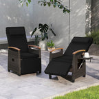RELAX4LIFE Rattan Outdoor Recliner Chair - Wicker Chaise Lounge Chair w/Adjustable Back & Footrest, Acacia Wood Armrests, Flip Side Table, Cushion, Reclining Patio Chair for Pool Yard (2, Black) - Image 2