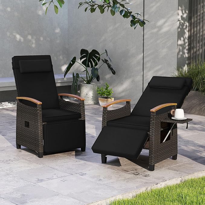 RELAX4LIFE Rattan Outdoor Recliner Chair - Wicker Chaise Lounge Chair w/Adjustable Back & Footrest, Acacia Wood Armrests, Flip Side Table, Cushion, Reclining Patio Chair for Pool Yard (2, Black) - Image 2