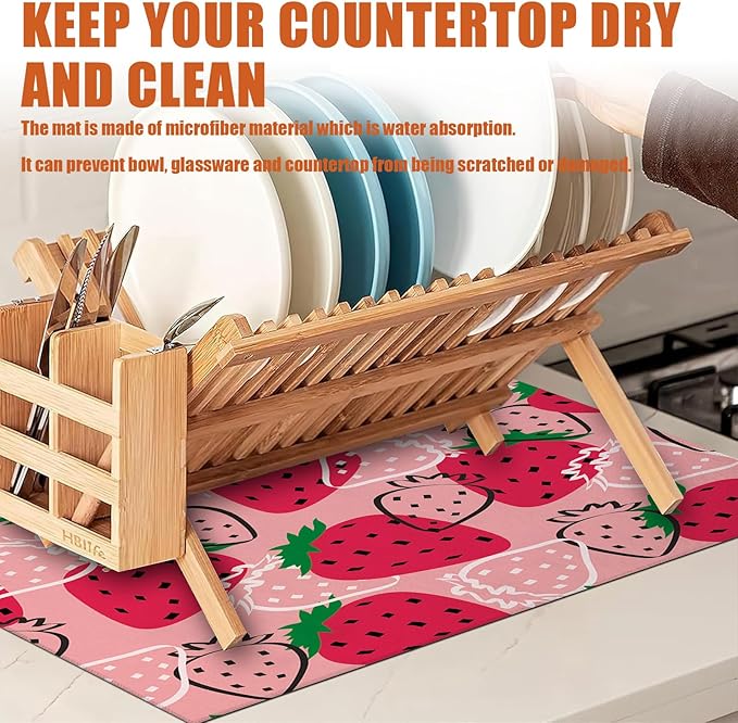 Strawberries Dish Drying Mat for Kitchen Counter Microfiber Absorbent Dish - Image 8