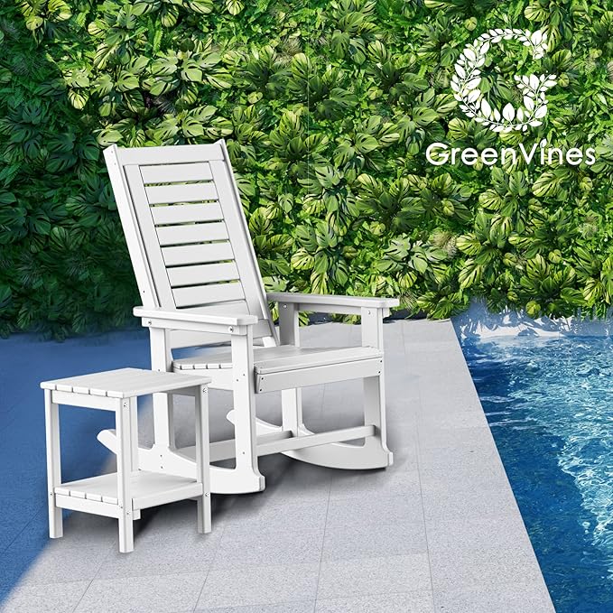 GREENVINES Outdoor Rocking Chair Set | 3-Piece | 2 Rocking Chairs with 1 Side Table | Porch Rocker | HDPE Plastic | White | Patio Furniture Sets | High Back | Big & Tall | Ladder Back - Image 2