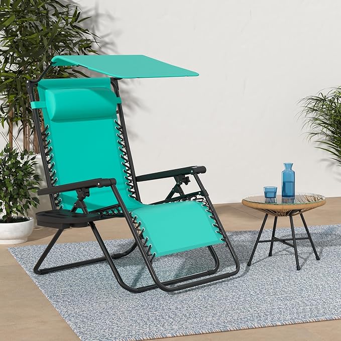 Best Choice Products Folding Zero Gravity Outdoor Recliner Patio Lounge Chair w/Adjustable Canopy Shade, Headrest, Side Accessory Tray, Textilene Mesh - Mint - Image 2