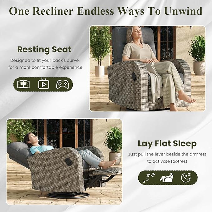 LayinSun Oversized Wicker Outdoor Swivel Glider Recliner with Adjustable Backrest & Footrest, Patio Reclining Lounge Chair - Set of 2 - Image 5