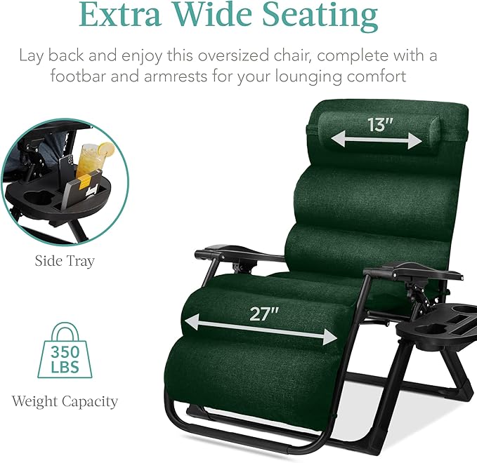 Best Choice Products Oversized Zero Gravity Chair, Folding Outdoor Patio Recliner, XL Anti Gravity Lounger w/Removable Cushion, Cup Holder, Side Tray, 350lb Capacity - Forest Green - Image 5