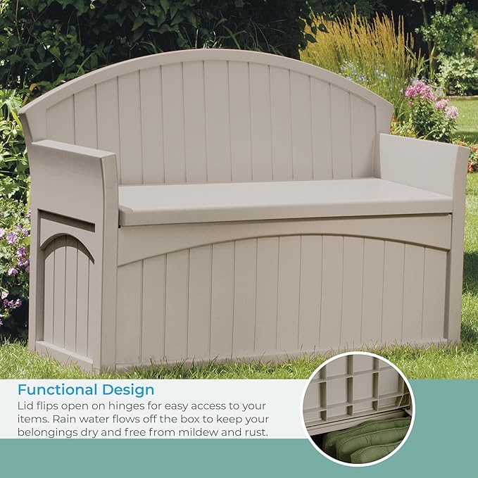 Suncast Outdoor Storage Bench - 50 Gallon Taupe Resin Outdoor Bench with Storage for Cushions, Tools & More. All-Weather Patio Deck Box with Seat for Porch, Pool, Yard, & Garden, Made in USA - Image 7