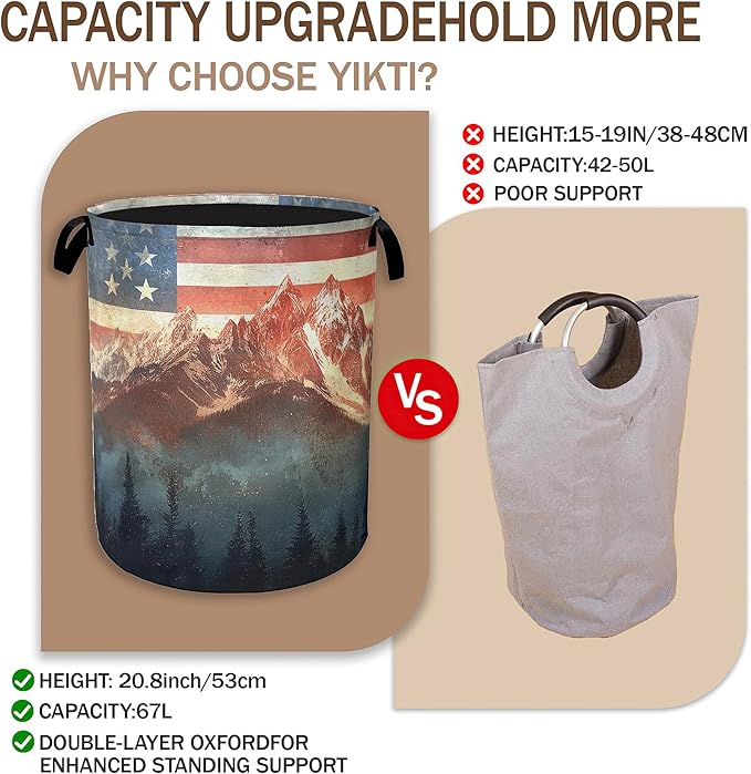 Vintage American Flag Laundry Hamper, Forest Mountain Clothes Hamper - Image 3