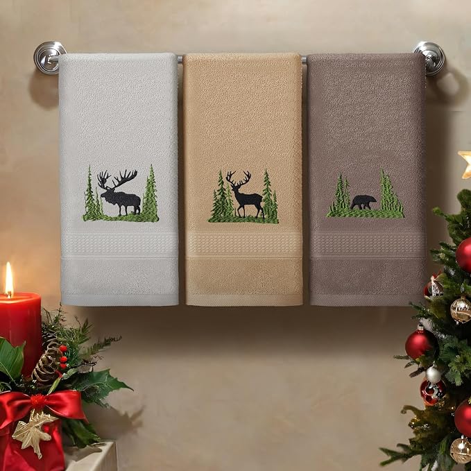 3 Pcs Farmhouse Cabin Bear Hand Towels Forest Moose Deer Embroidered Rustic - Image 4